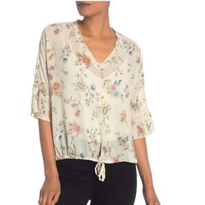 DR2 Daniel Rainn Top Blouse Floral Pleated Cottagecore Boho Summer Cream Size S